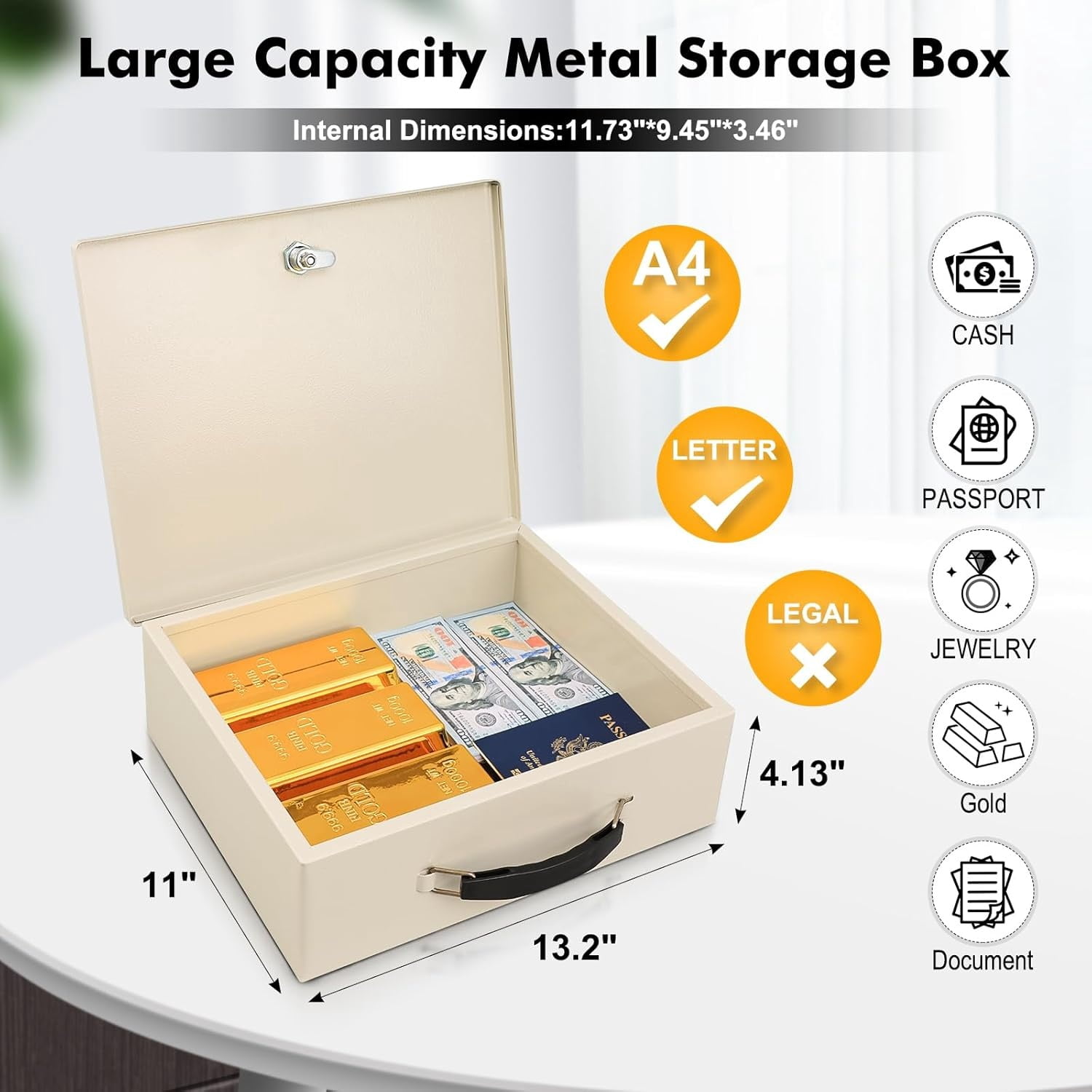 Fireproof Document Box with Key Lock, Safe Storage Box for Valuables, Fire Resistance Security, Fireproof Lock Box for Passport, Cash, Tablet 13.2'' x 11'' x 4.13'' Beige