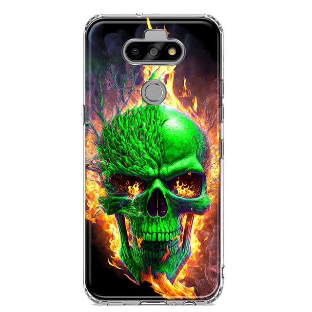 MUNDAZE LG Aristo 5/Phoenix 5/Risio 4 Green Flaming Skull Burning Fire Double Layer Phone Case Cover