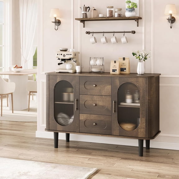 47" Modern Mid-Century Sideboard Buffet with Fluted Glass Doors, 3 Drawers & Adjustable Shelves