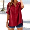 thumbnail image 2 of Aricy Womens Tops Cotton Linen Shirts Summer V Neck Button Up Short Sleeve Ladies Blouse T-Shirts Solid Color Work Casual Loose Blouses, 2 of 3