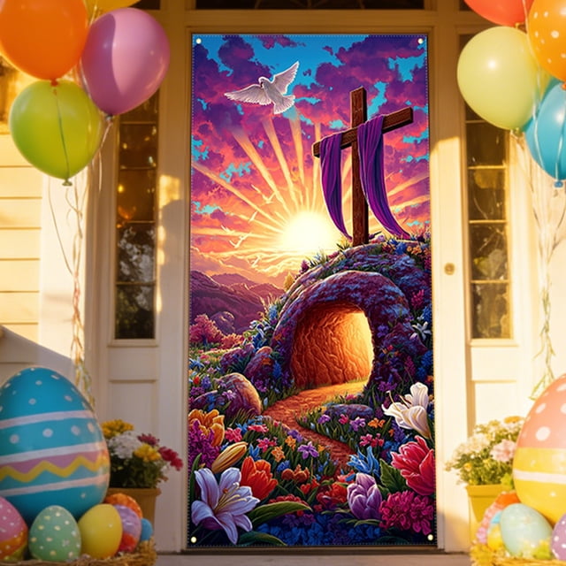 Decoración de primavera para puerta de entrada de Pascua, corona de Él ha resucitado, cruz cristiana, cubierta de puerta, guirnalda, puerta de entrada grande de Pascua, decoración de iglesia, con lir