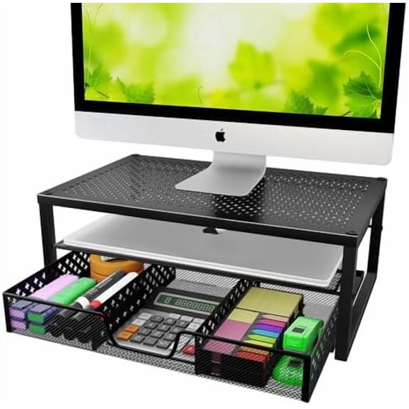Metal Monitor Stand Riser and Computer Desk Organizer with Drawer for Laptop, Computer, iMac, Black | 16"W x 10"D x 6.25"H.