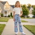 thumbnail image 5 of FEDPOP Girls Wide Leg Baggy Jeans, High Waisted Denim Pants with Pockets, Casual Y2K Loose Trousers for Kids, Blue, 8-14Y, 5 of 7