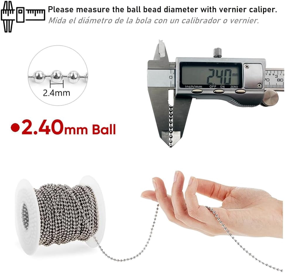 Ball Bead Chain 70 Feet, Stainless Steel Chains Silver with 150pcs Connectors Clasps, Dog Tag Key Chains for Bracelet Making DIY Necklace Crafts, 2.4mm Ball, 1 Roll 21.3 Meters
