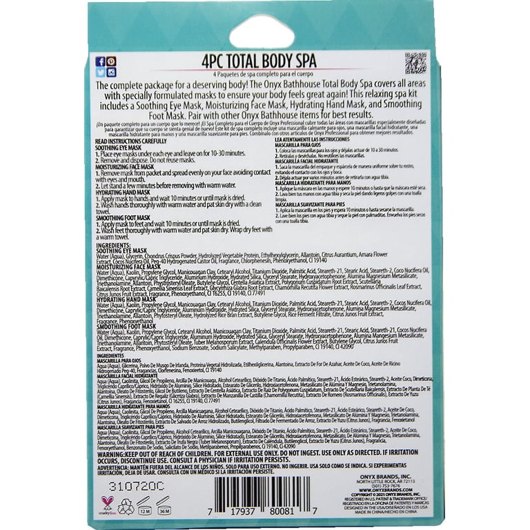 Onyx Bathhouse 4 PC Total Body Spa Set, Hand Peel Mask, Foot Mask