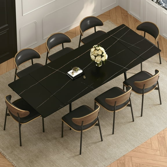 gaoyangjiaju 62.9"-94.4" Modern Extendable Dining Table for 6 to 10 Seats, Rectangular Sintered Stone Table with High Hardness and Easy Maintenance for Dining Room Family Gathering, Black Top
