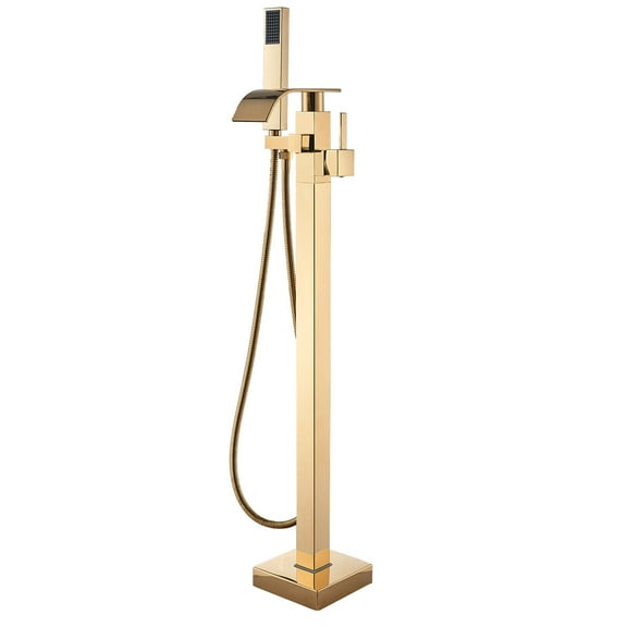 Zovajonia Gold Free Standing Floor Mount Bathtub Mixer Faucet Waterfall Tub Filler Sprayer