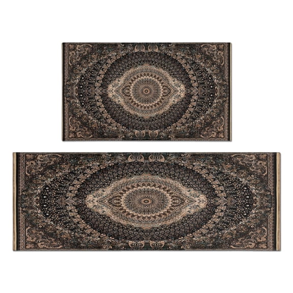 Kitchen Rugs and Mats Non Skid Washable Dark Brown Patterned Bohemia Kitchen Mat and Rug Set,Floor Cushion Waterproof Rug,Rubber Backed Area Rugs for Kitchen Laundry