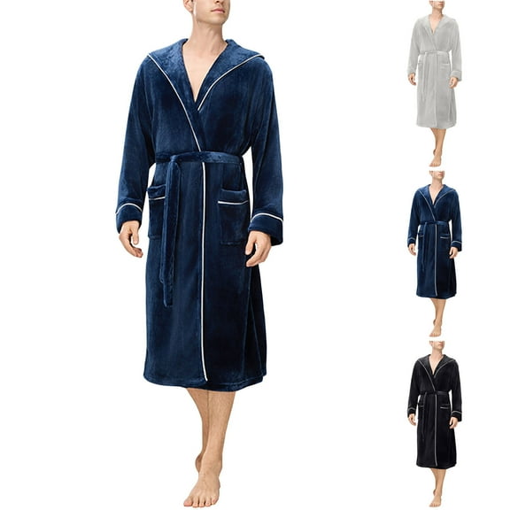 Loopsun Mens Bath Robes, Mens Casual Solid Color Home Tie Plus Size Long Sleeve Long Nightgown Black,XL