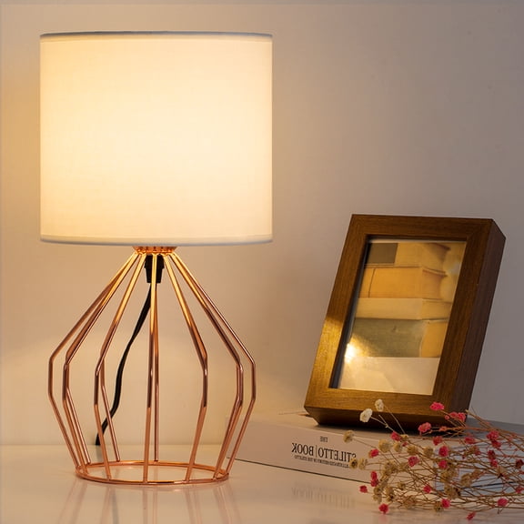 Rose Gold Modern Hollow Base Bedside Table Lamp – Compact Desk Lamp with Fabric Shade for Bedroom, Living Room & Dorm
