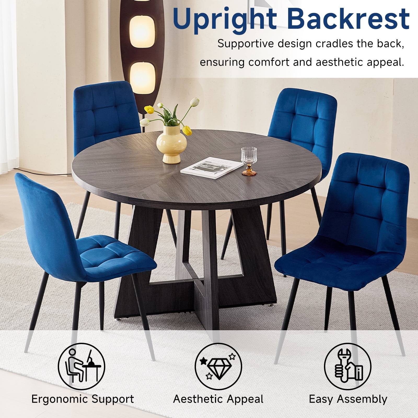 Set of 4 Velvet Dining Chairs - Mid Century Modern Dinning Chair, Upholstered Cushion Seat, Square-Patterned Backrest, Blue, Dinner Chairs with Metal Legs for Dining Living Room, Bedroom(Only Chairs)