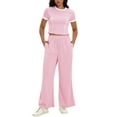 thumbnail image 1 of Conjunto de sudadera de dos piezas de verano de manga corta y cuello redondo ATHLECHIC para mujeres, pantalones de pierna ancha, talla XL, rosa, 1 of 5