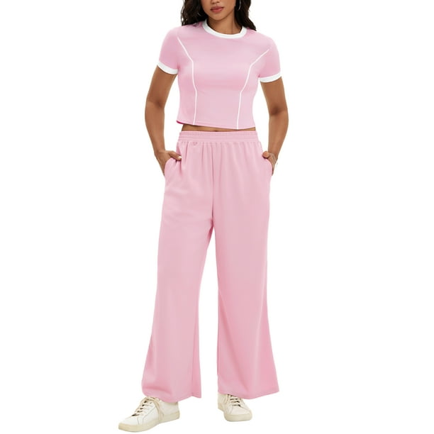 Conjunto de sudadera de verano de 2 piezas para mujer ATHLECHIC, con camiseta de manga corta y cuello redondo, pantalones de pierna ancha, color rosa