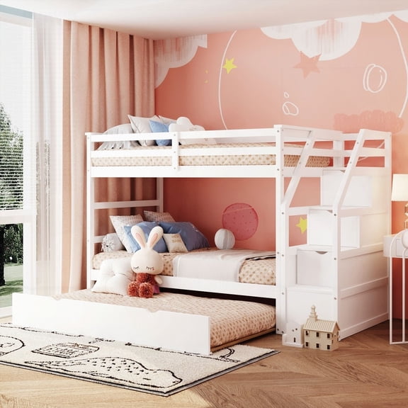 White Twin-Over-Twin Bunk Bed with Trundle and 3 Storage Stairs for Bedroom Use