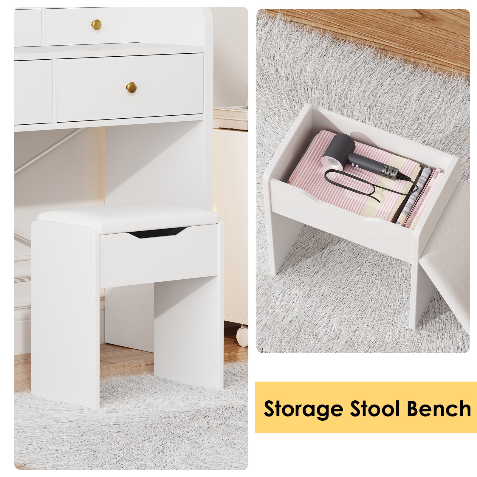 Vanity Desk with Mirror and Light, Vanity Dressing Table with Storage Bench, Charge Station, White