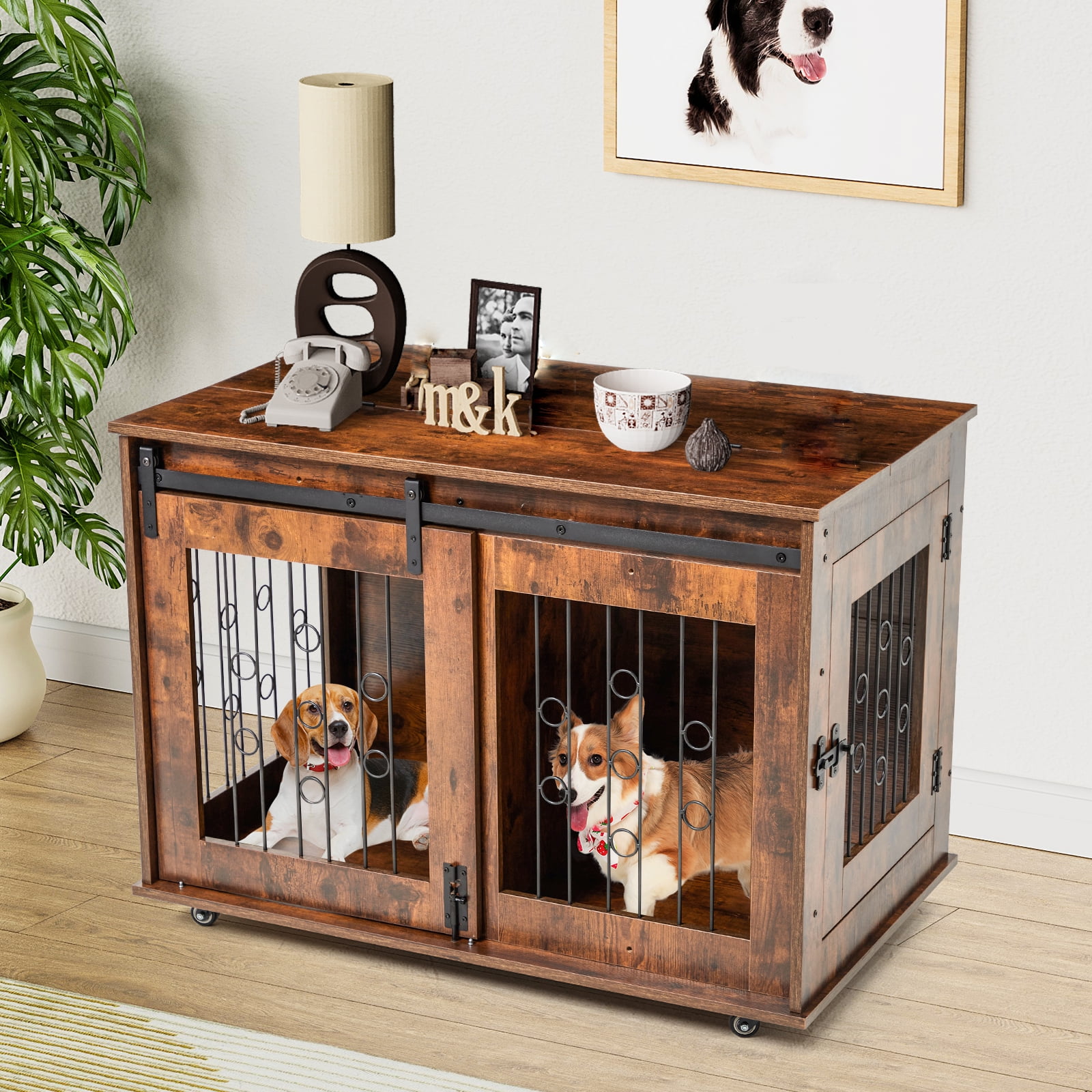 Dog Crate Furniture,39" Wooden Double Dog Kennel Furniture with Sliding