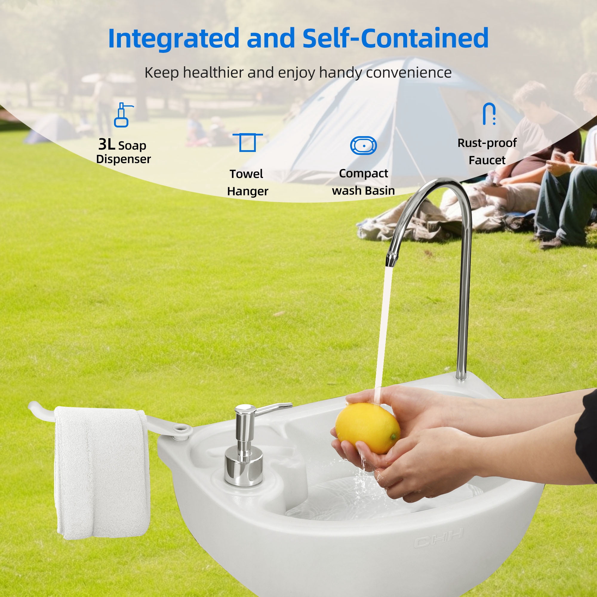 Dextrus 17L Portable Camping Sink, with Towel Holder & Soap Dispenser, Rolling Wheeled Hand Wash Basin Stand and Carry Bag for Outdoor Events Toilet, Gatherings, Worksite