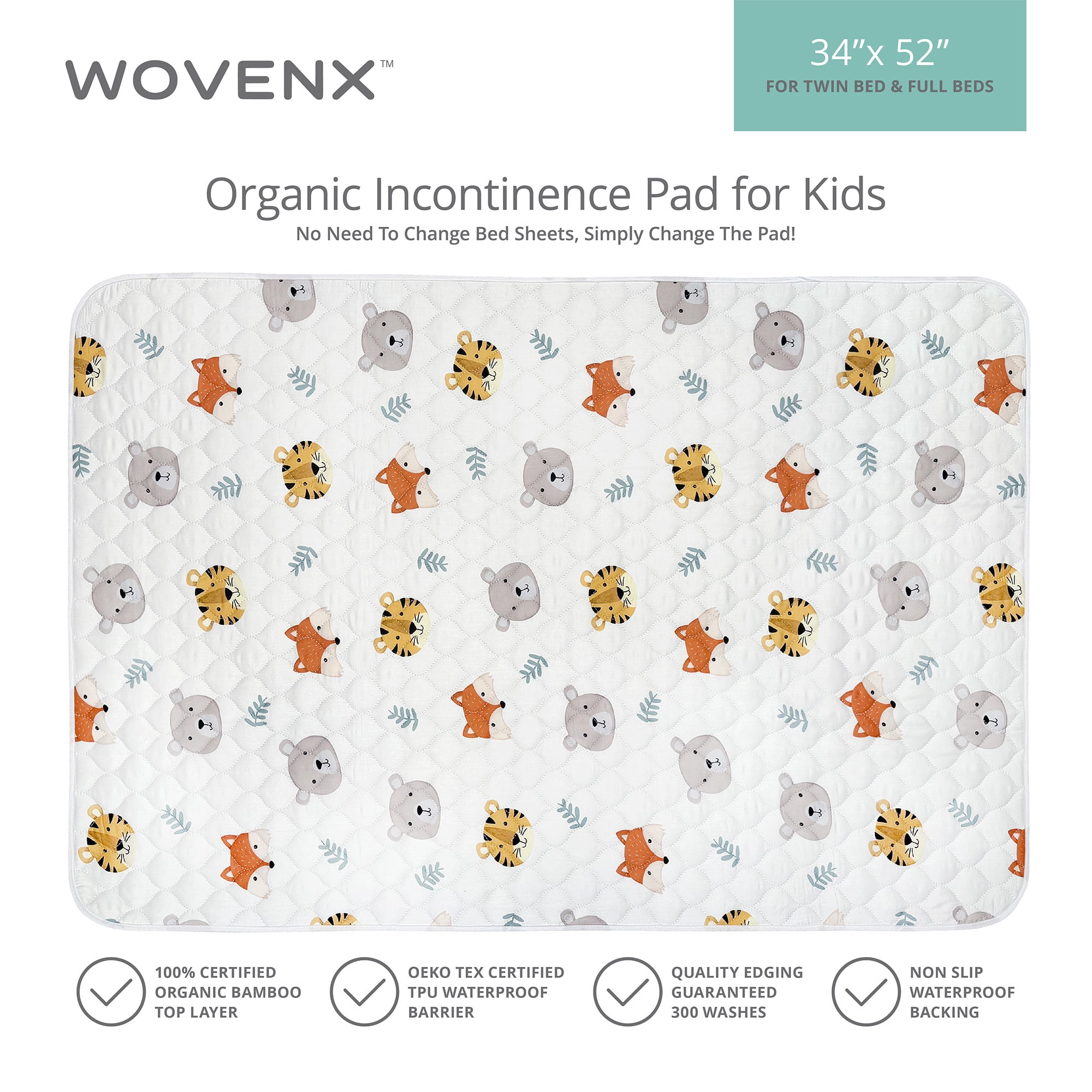 WOVENX Organic Incontinence Pads for Kids & Toddlers - 5 Layer Waterproof Protectors for Overnight Bed Wetting - Reusable & Washable Pee Pads - Fits Twin to Full Size Beds - 34" x 52" Tiger Bear Fox