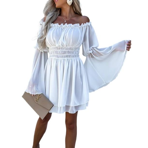 Vestido Vestidos de verano para mujer, vestido informal con manga trompeta, vestido dulce con hombros descubiertos, bonito traje de verano de gasa con manga acampanada Ygjytge Blanco T L para Mujer