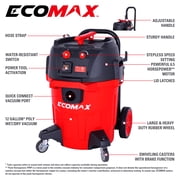 Ecomax 12 Gallon 6.5 HP OSHA-Compliant Wet/Dry Vacuum with Dual Self-Cleaning HEPA Filters, Airflow Alarm, and Accessories