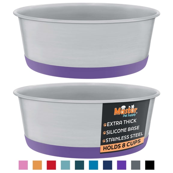 Master Pet Supply Stainless Steel Dog Bowls Set of 2 with Extra Thick Silicone Base - 8 Cup (64 oz) Plum Crazy, Non-Slip, Dishwasher Safe Metal Bowls, Pet Dog Food Bowl for Dogs, Cats, Anti Rust