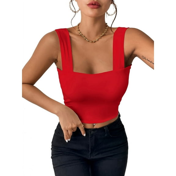 Osfvolr Women'S Sexy Sleeveless Skinny Basic Strappy Crop Tank Tops 2025 Red XS