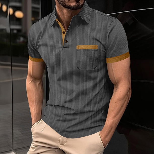 pstuiky Mangas cortas para hombre, Camisa informal de verano para hombre con bolsillo en el pecho, cuello con botones y manga corta a juego. camisetas de hombre m