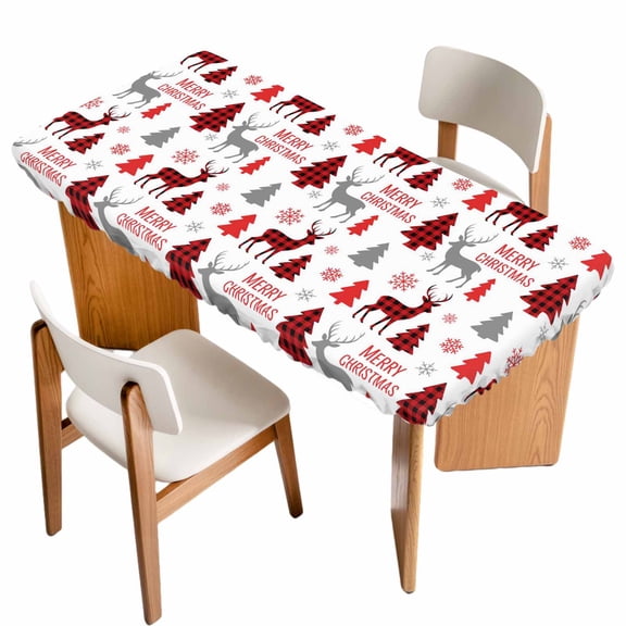 Christmas Table Cloths for 5 Foot Rectangle Tables, Xmas Plaid Elk Winter Red Black Tree Snowflakes Patio Waterproof Elastic Fitted Tablecloths, Washable Rectangular Table Cover for Camping