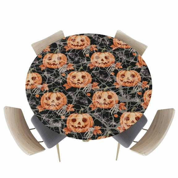 Round Fitted Tablecloths with Elastic Edge Halloween Scary Pumpkin Ghost Waterproof Wipeable Table Cover for Kitchen Dining Party Decor Maple Leaf Spiderweb Black Orange Table Clothes,36" - 44"