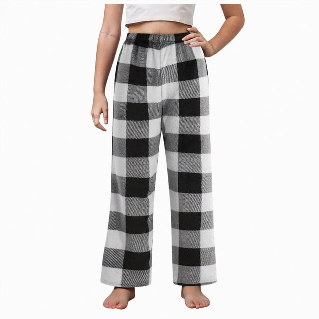 WUANDIXFA Pantalons de Jogging pour Enfants Garçons et Filles Ados de Noël à Carreaux Rouges Pantalons Longs Pyjamas pour Tenues d'Intérieur Assorties en Famille,Noir,9-10 Ans