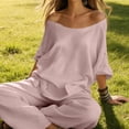 thumbnail image 4 of Sheghy Short Sets for Women Plus Size Women Casual Solid Boho 2 Piece Set Off Shoulder Loose Top & Wide Leg Pants Loungewear Vacation Outfit, 4 of 8