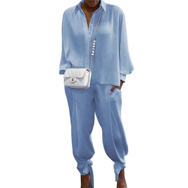 Txlixc, 2 uds., conjuntos de otoño para mujer, camisa de manga larga con solapa acanalada de Color sólido + traje de pantalón largo para mujer, negro/verde/blanco/azul Txlixc Moda