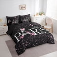 thumbnail image 3 of Homewish Paris Eiffel Tower Bedding Comforter Set 7 Pieces, Romantic Bling Stars Flower Full Bedding Set, Black Pink Fashion Reversible Fitted Sheet Flat Sheet, Super Cozy Room Decor, 3 of 7