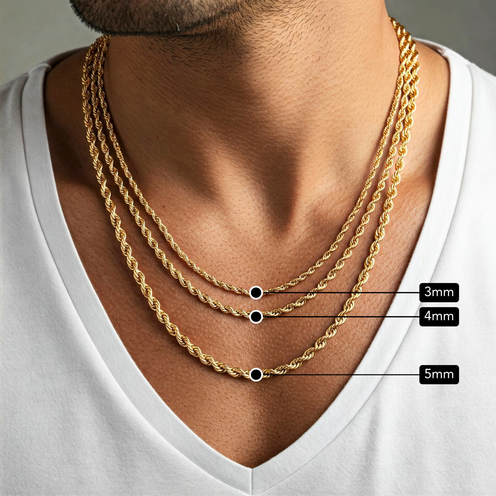 Tilo Jewelry Yellow Gold Plated 925 Sterling Silver Rope Chain Necklace with Secure Lobster Lock | 2.5mm - 24 Inch | Everyday Necklace for Men, Women, Unisex