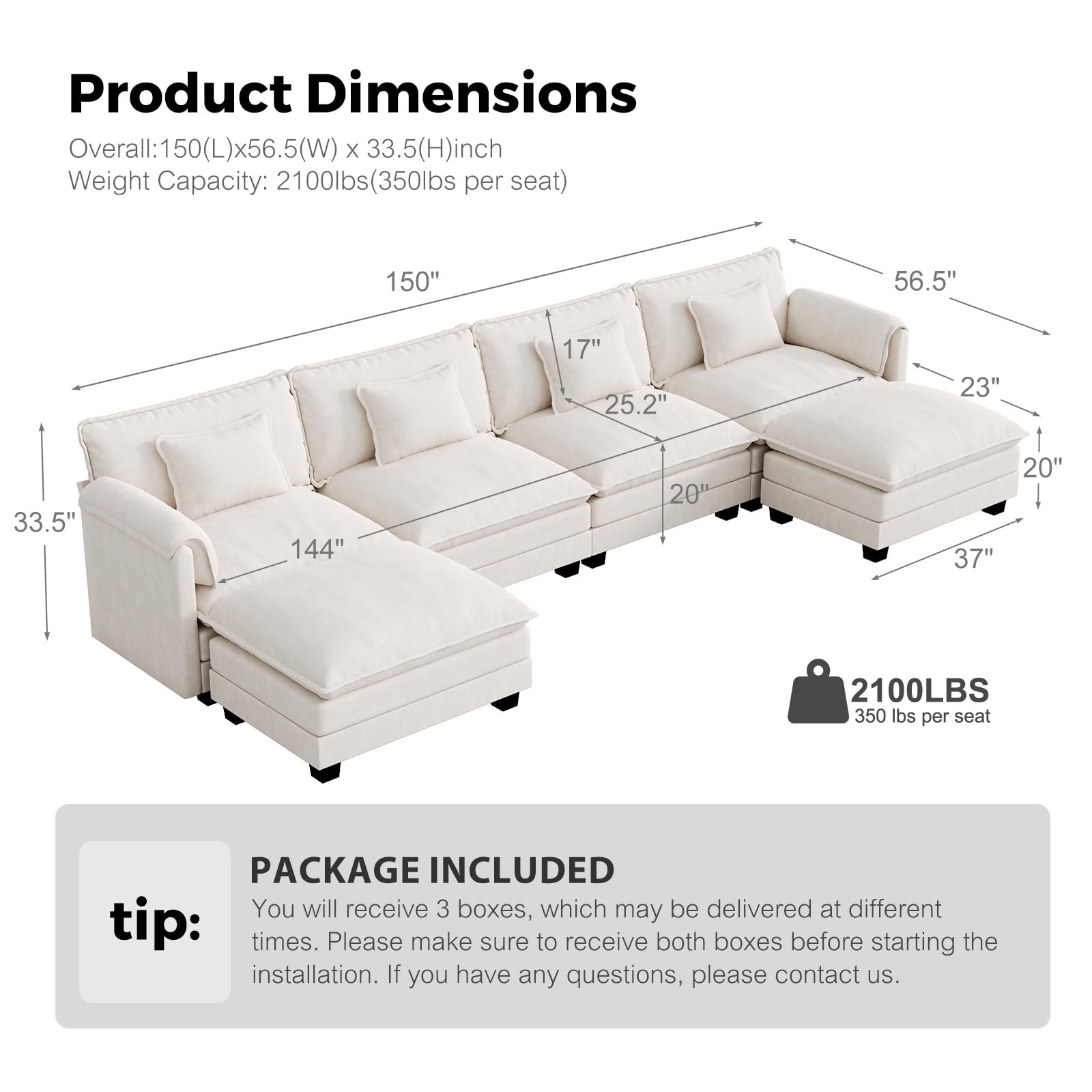JULY'S SONG U Shaped Couch Set, 4-Seater Modular Sectional Sofa with Movable Ottoman, Deep Seat Couches and Sofas for Living Room, Comfy Cloud Couch with Detachable Cushions, Chenille Cream White