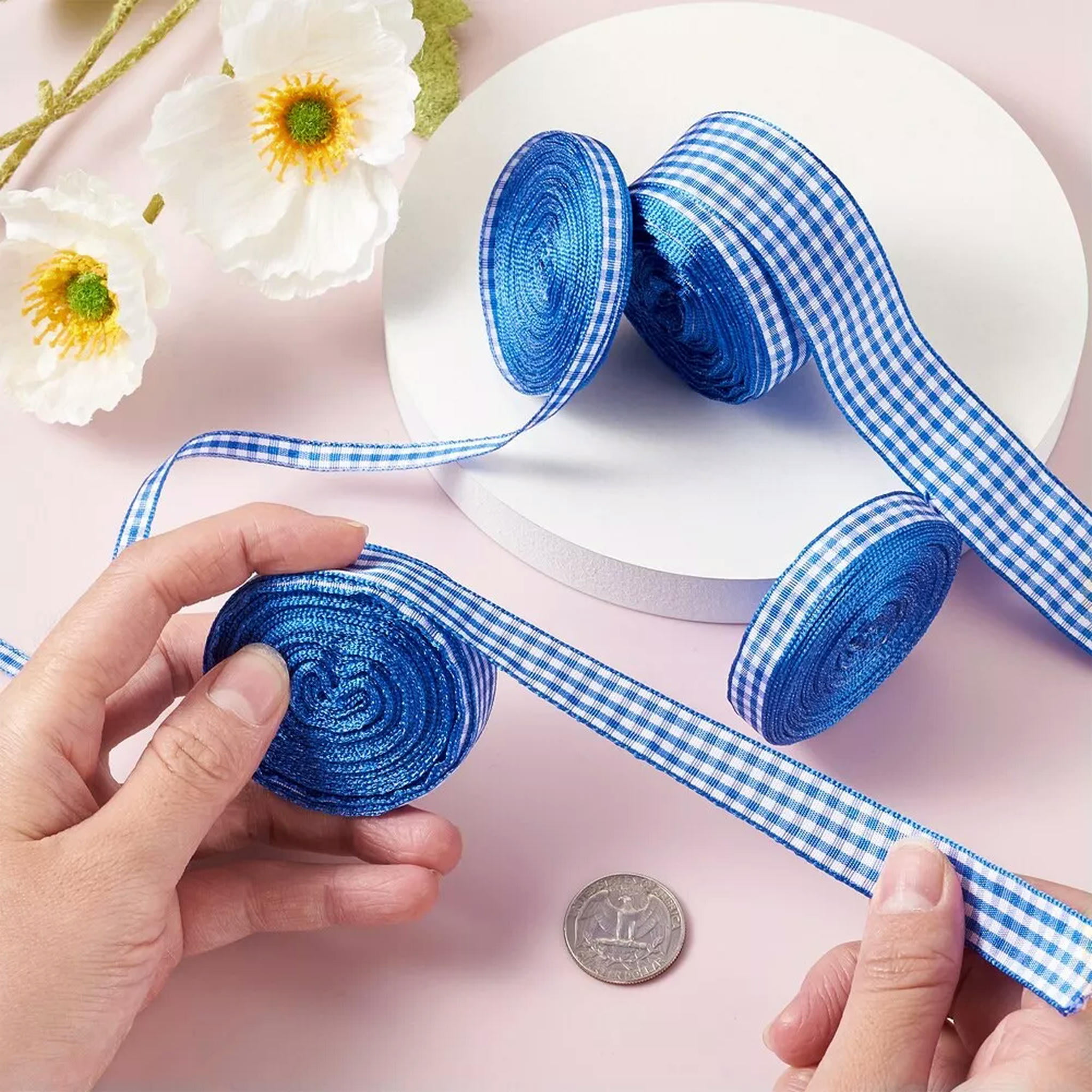 U8MO 4 Rolls Blue Tartan Polyester Ribbon 3/8" 5/8" 1/4" 1" Gingham Checked Ribbon