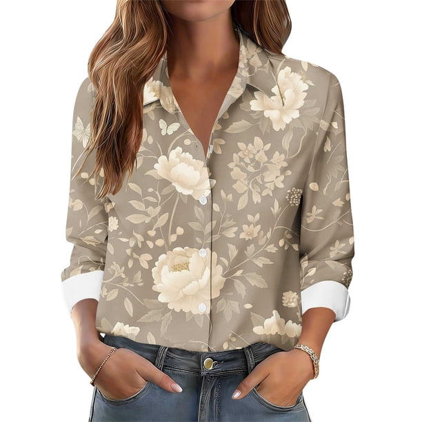 TaTaai Women Printed Long Sleeve Button Down Shirt Collared Casual Blouse Ladies Daily Work Lounge Wear Soft Comfortable No Fading Stylish Versatile Top Gift