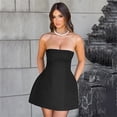 thumbnail image 4 of Vestido corto negro sin mangas para mujer, minivestido elegante, ajustado, liso, cuello redondo, Espalda descubierta, corte en A, para oficina y Noche, 4 of 5