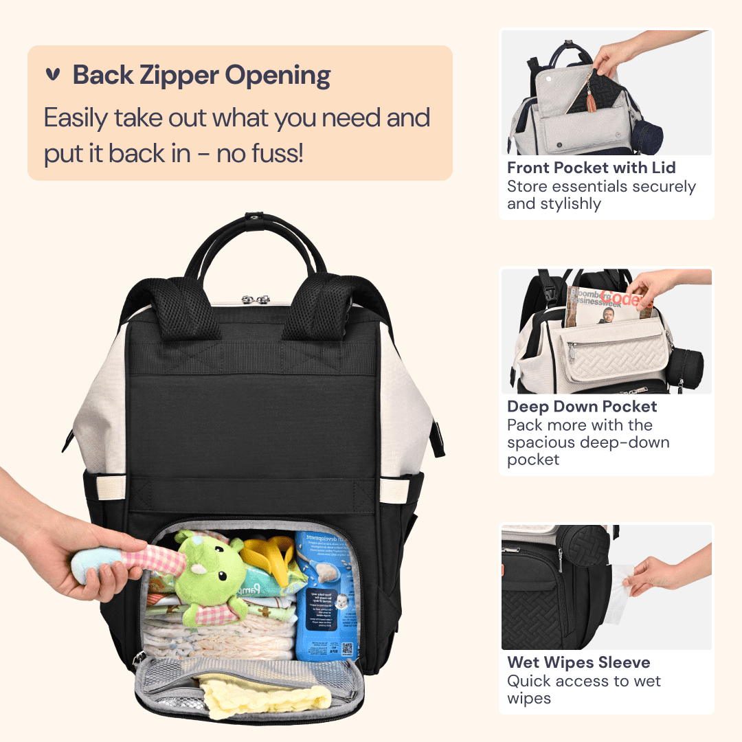 BabbleRoo Large Capacity Baby Diaper Backpack for Infants and Toddlers, Waterproof Black & Apricot