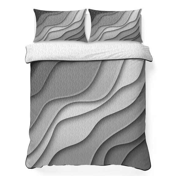 Twin Quilt Set 68''x86'', Black Grey Ombre Lightweight Bedspread Coverlet Set with 2 Pillow Shams, Modern Geometric Abstract Aesthetic Cream Breathable All Season Quilt Bedding for Dorm/Bedroom