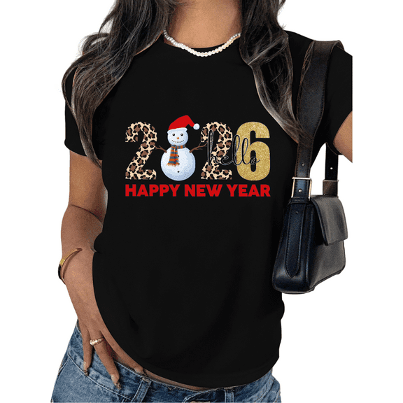 Women's Black Tshirt Graphic Tees Shirts 2026 Hello Happy New Year Snowman Leopard Design Casual Tops S-5XL