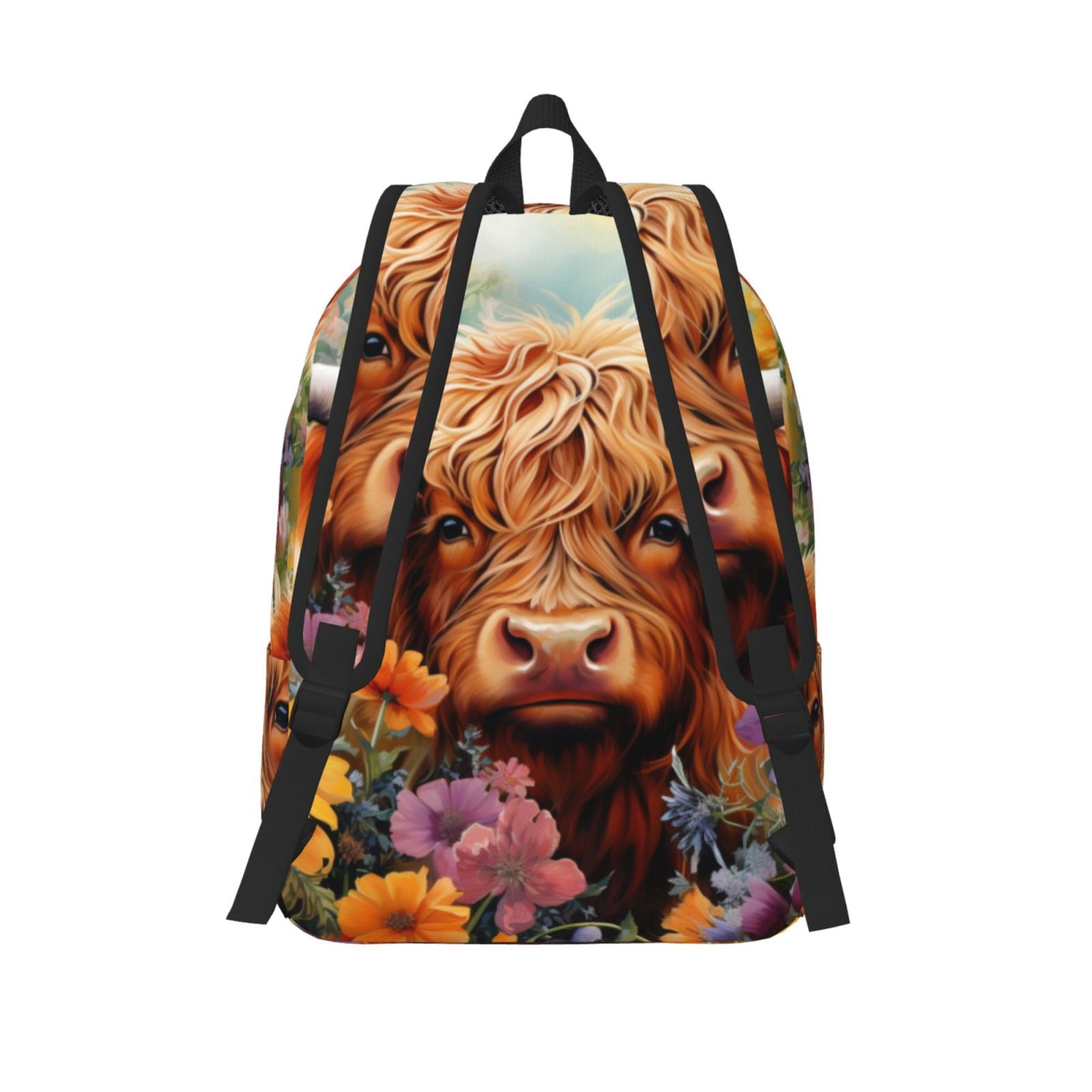 Picia Countryside Colorful Floral Cow Printed Canvas Daypack - Stylish and Durable Vintage Compact Backpack - Class, Work, Travel, or Laptop Bookbag,Organized Compartments-Small