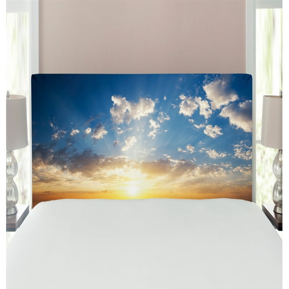 Mystic Headboard, Sunset Reflection on the Sea View Sun Rays Vivid in Horizon Image, Upholstered Decorative Metal Bed Headboard with Memory Foam, Twin Size, Yellow Brown Blue, by Ambesonne