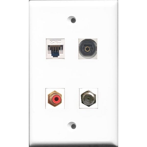 RiteAV 1 Port RCA Red and 1 Port Coax Cable TV- F-Type and 1 Port Toslink and 1 Port Cat5e Ethernet White Wall Plate