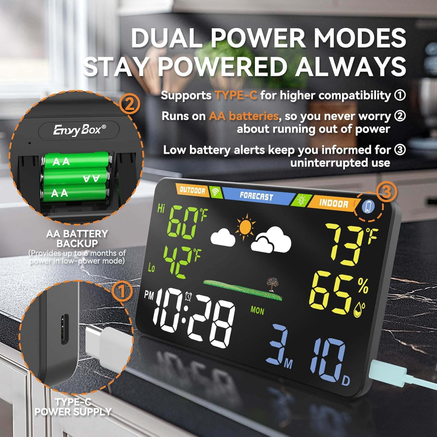 Wi-Fi Weather Station with Indoor Outdoor Temperature Humidity Monitor Wireless Forecast Display Digital Alarm Clock