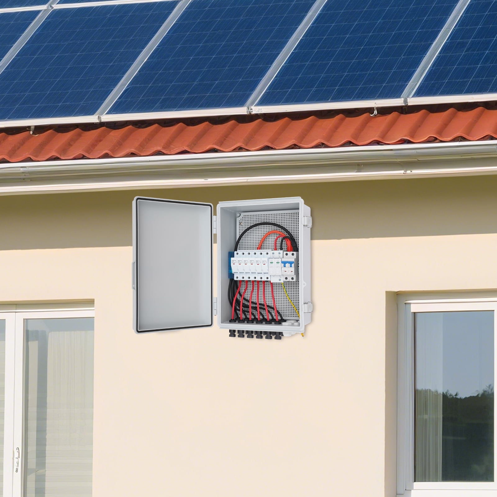 6 String Solar PV Combiner Box, Waterproof 63A Circuit Breaker Junction Box for On/Off Grid Solar Panel System