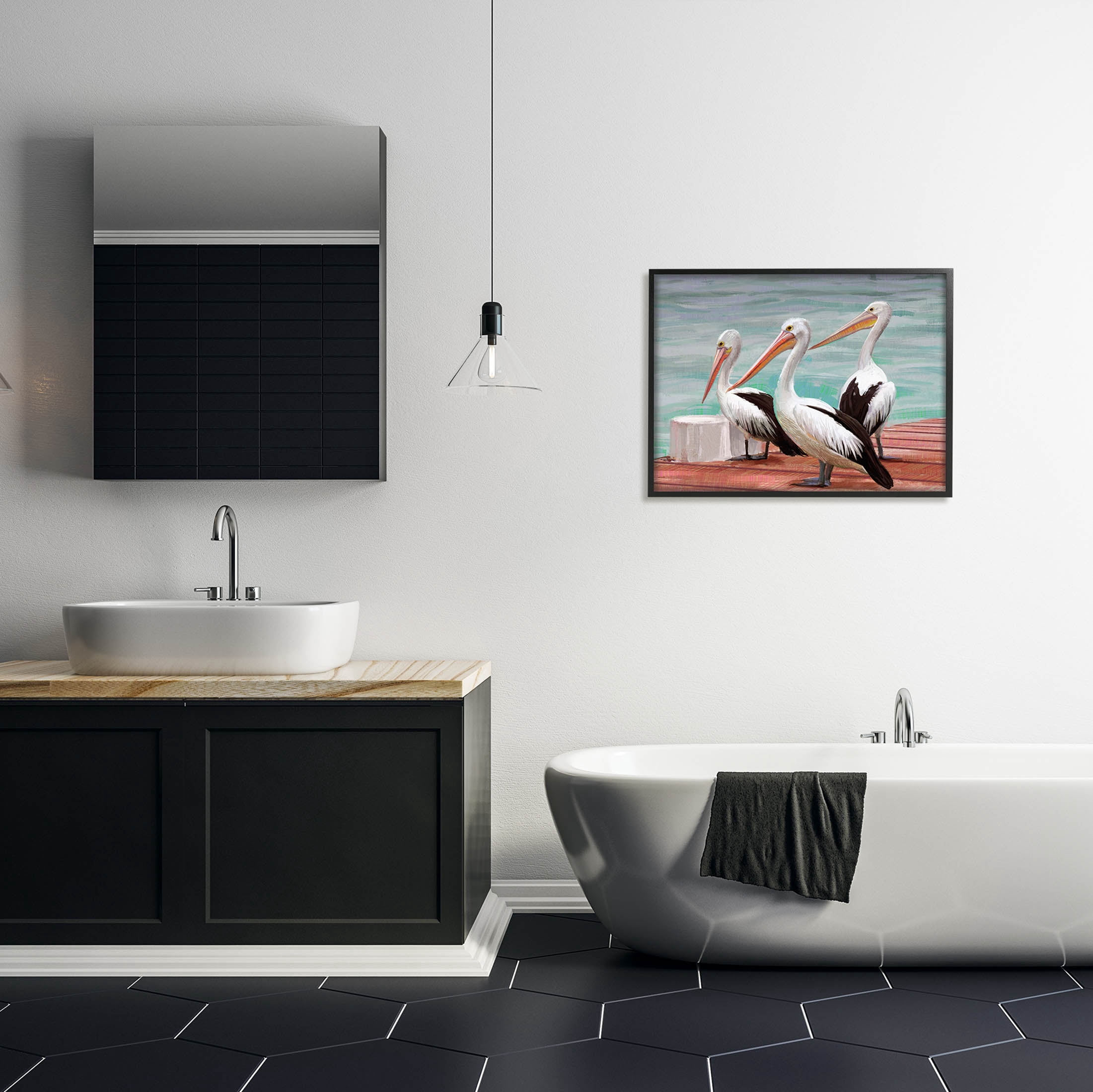 Stupell Industries Pelican Trio Port Dock Graphic Art Black Framed Art Print Wall Art, Design by Ziwei Li