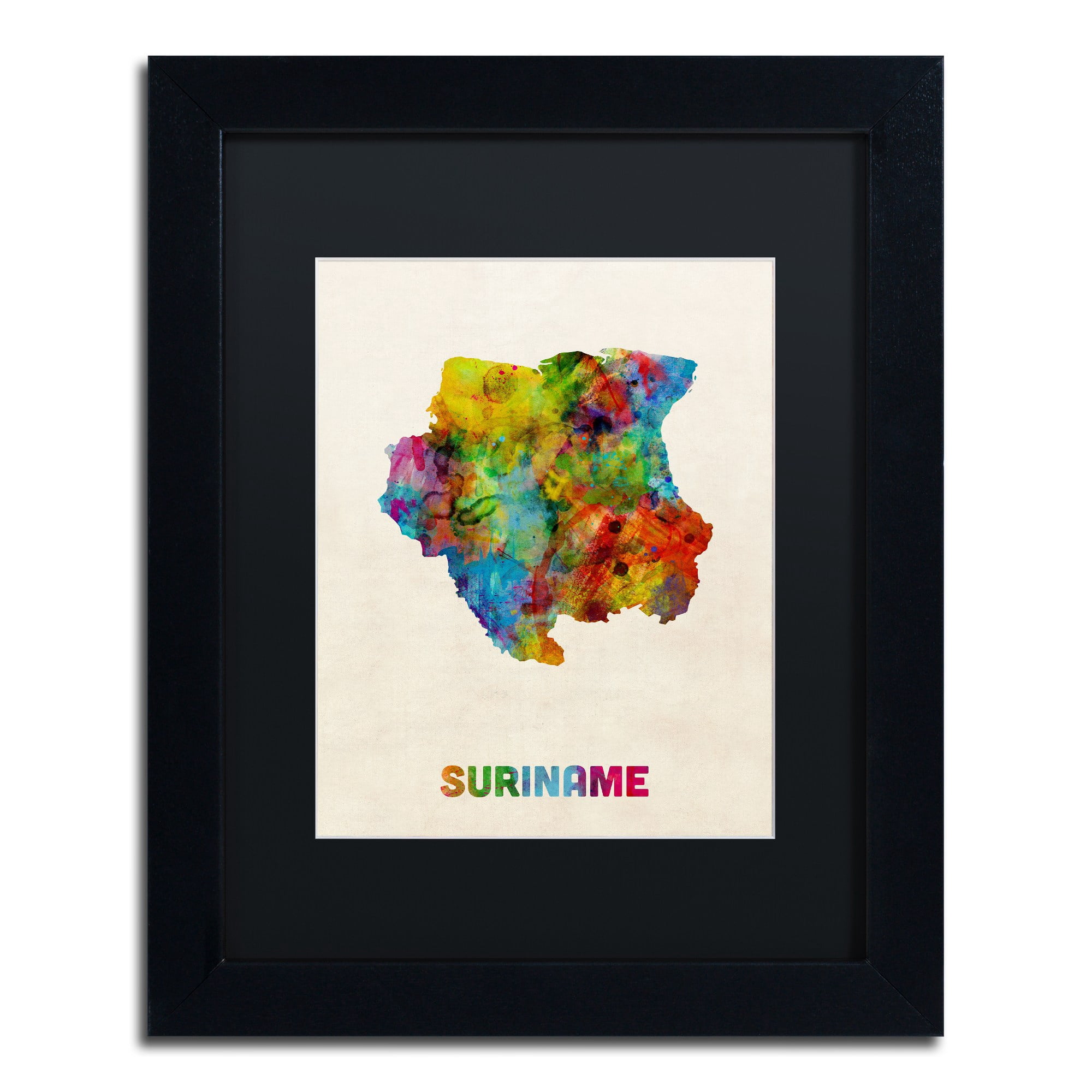 Trademark Fine Art "Suriname Watercolor Map" Canvas Art by Michael Tompsett Black Matte, Black Frame