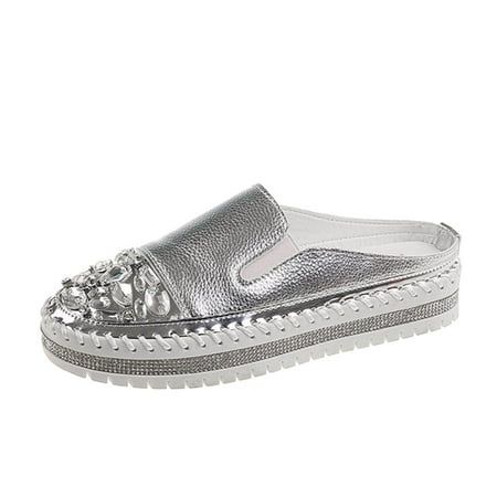 

MIASHUI Women s Flats Shoes Solid Leather Decoration Thick Sole Half Slippers Casual Shoes Silver 8