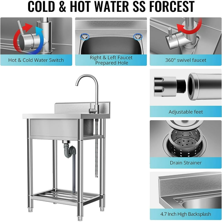 Stainless Steel Utility Sink, Free Standing, Single Bowl with - Technical View